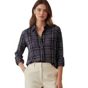 Jenni Kayne Silk Button up Blouse Maroon Blue Plaid Size XS